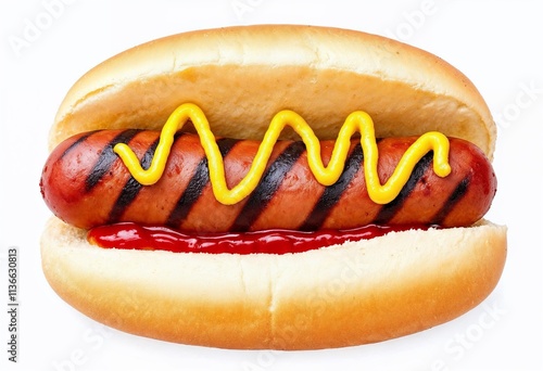 Appetizing hot dog featuring classic grill marks, topped with mustard and ketchup in a fluffy bun. Perfect for food-related content, summer grilling, or traditional snack representation. photo