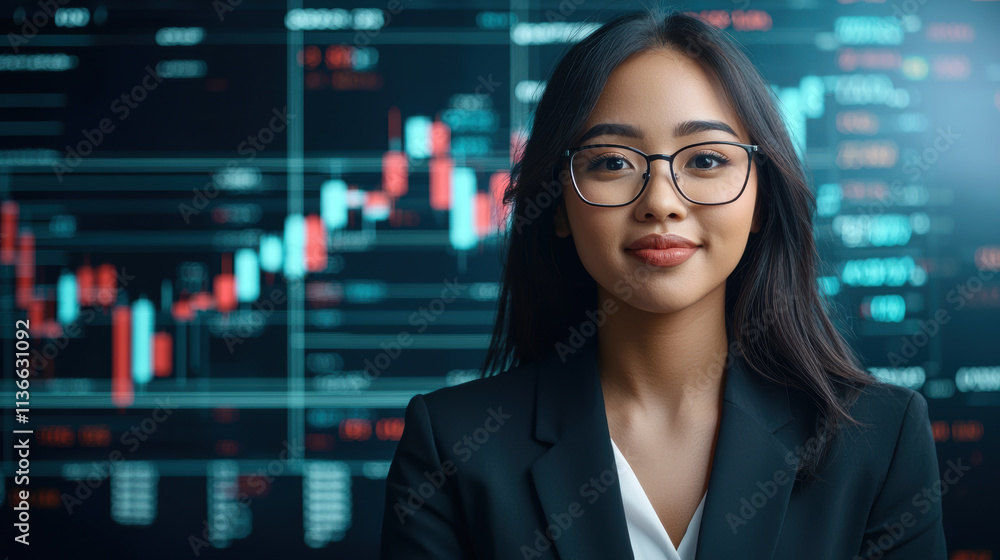 Confident financial analyst with glasses in front of stock market data Confident financial analyst with glasses in front of stock market data