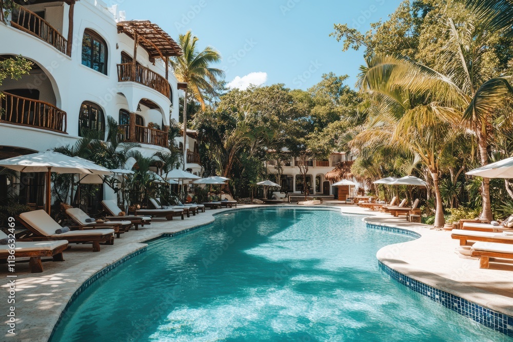 a large pool with loungers and umbrellas as a tropical hotel facility, surrounded by lush greenery and trees a large pool with loungers and umbrellas as a tropical hotel facility, surrounded by lush greenery and trees