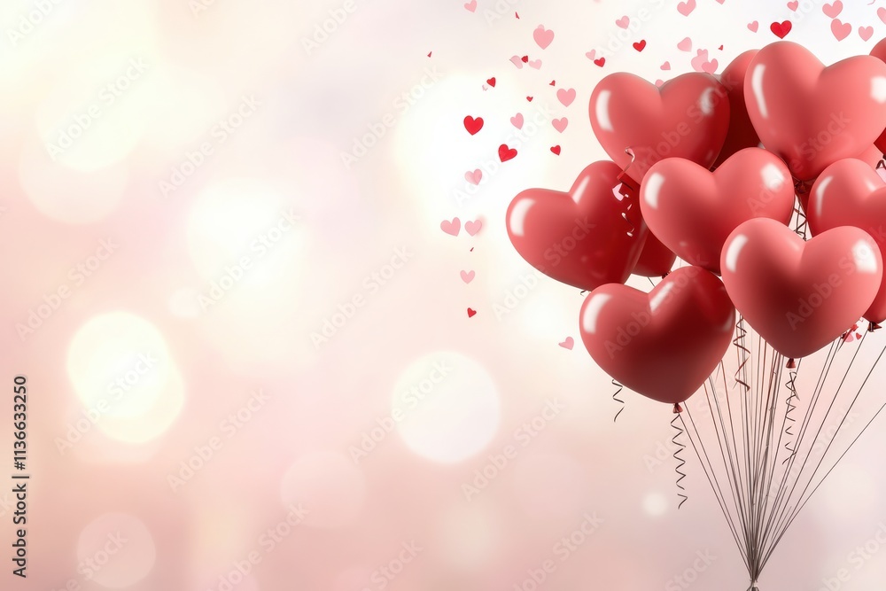 Enjoy a romantic and enchanting Valentines Day celebration filled with heartshaped balloons gracefully floating against a delightful and soft pink background, setting a perfect mood for love Enjoy a romantic and enchanting Valentines Day celebration filled with heartshaped balloons gracefully floating against a delightful and soft pink background, setting a perfect mood for love