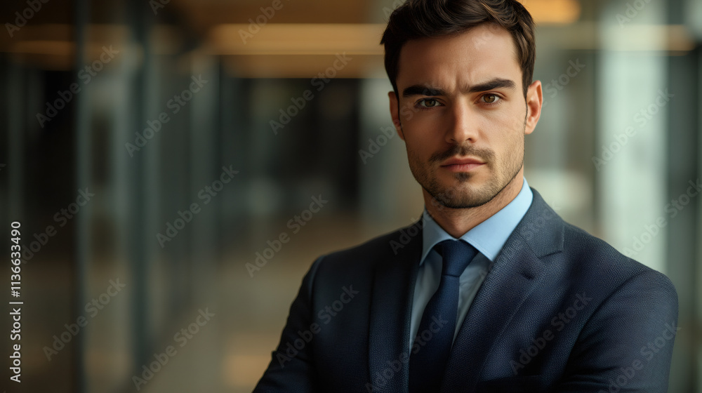 Serious businessman exuding confidence and professionalism, standing with arms crossed in a corporate environment Serious businessman exuding confidence and professionalism, standing with arms crossed in a corporate environment