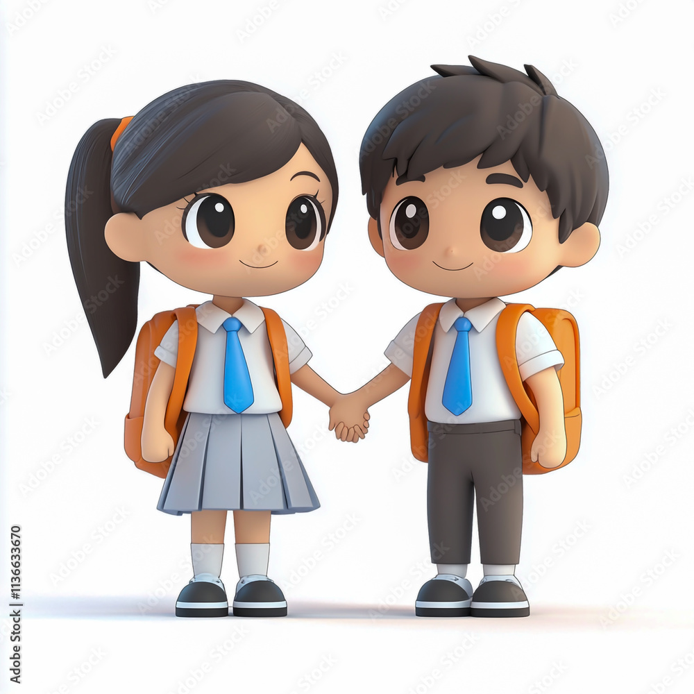 A schoolgirl and boy holding hands, both wearing white shirts with blue ties, A schoolgirl and boy holding hands, both wearing white shirts with blue ties,