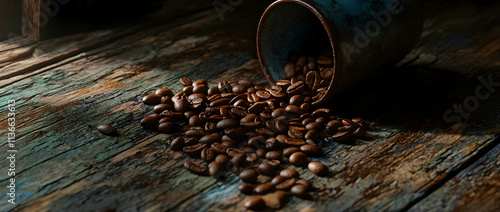 Coffee beans spilling from a cup onto a weathered wooden table, rich and textured photo