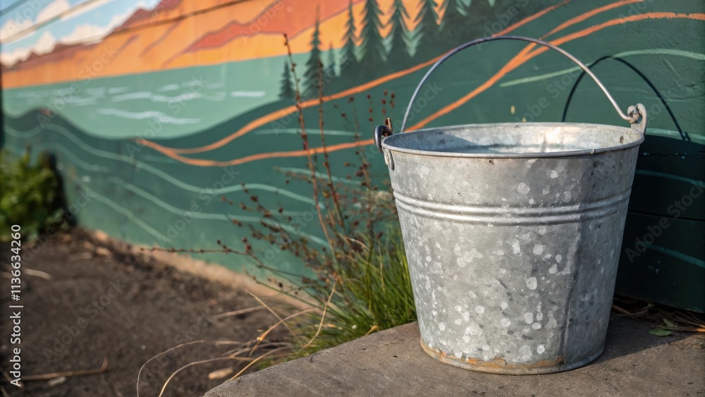 A weathered metal bucket sits in front of a colorful wall mural depicting a scenic landscape. A weathered metal bucket sits in front of a colorful wall mural depicting a scenic landscape.