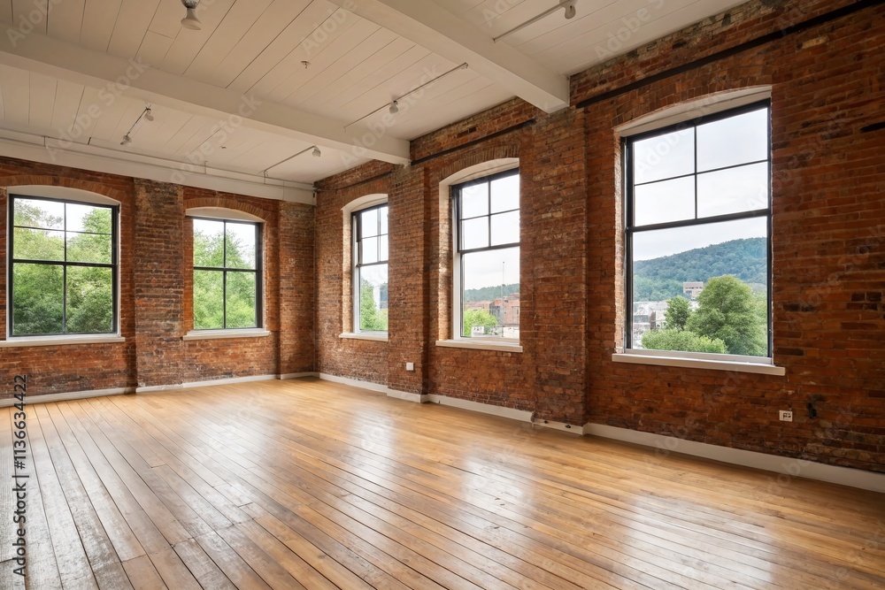 Stylish Empty Loft Room Interior with Wooden Floor and Brick Wall Showcasing Three Large Windows for Modern Design Inspiration Stylish Empty Loft Room Interior with Wooden Floor and Brick Wall Showcasing Three Large Windows for Modern Design Inspiration