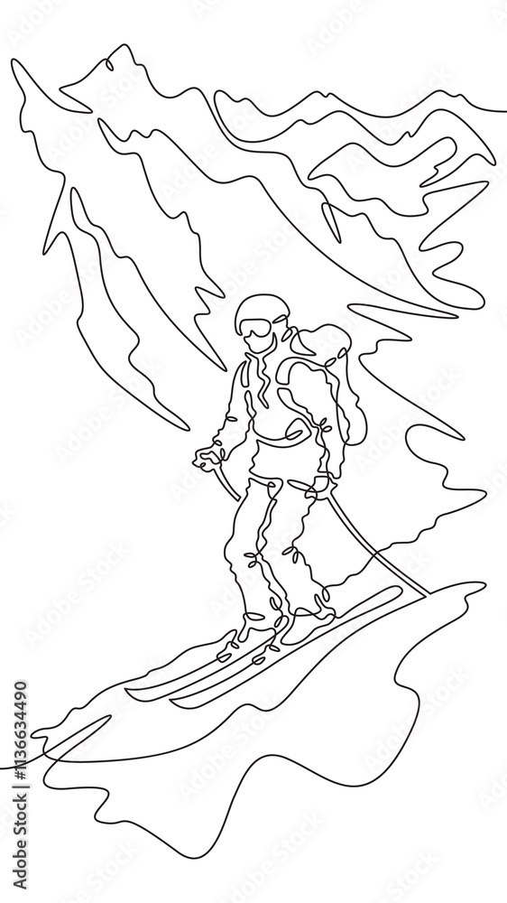 Fototapeta premium Continuous one line drawing skier in the mountains. Mountain landscape. Skier on the mountain slope. Alpine skiing. One continuous line isolated minimal illustration.Not AI.