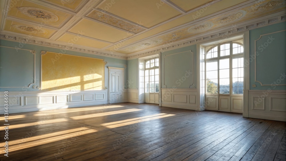 Sunbeams illuminate a grand, empty room with a high ceiling, intricate moldings, and large windows, revealing a glimpse of the outdoors. Sunbeams illuminate a grand, empty room with a high ceiling, intricate moldings, and large windows, revealing a glimpse of the outdoors.