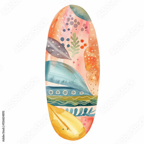 Abstract Watercolor Surfboard Illustration with Nature Motifs photo