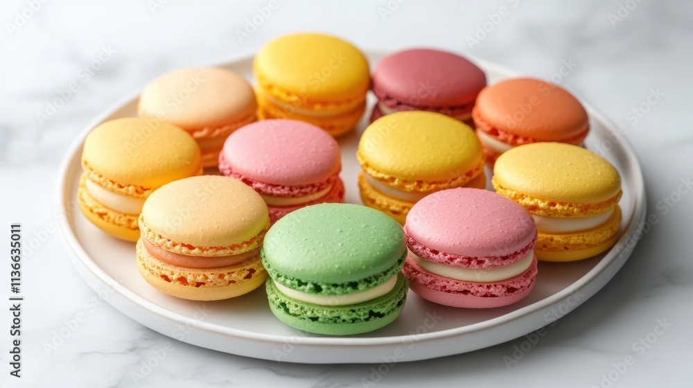 Vibrant Colorful Macarons on a White Plate with Marble Background Vibrant Colorful Macarons on a White Plate with Marble Background