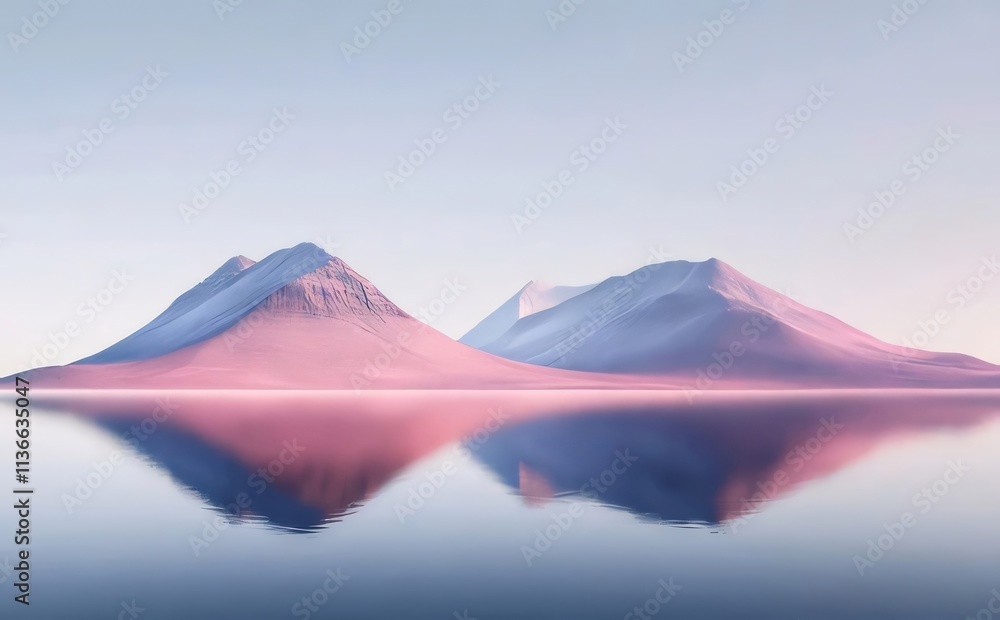 Serene pink and blue mountains reflected in calm water. Serene pink and blue mountains reflected in calm water.