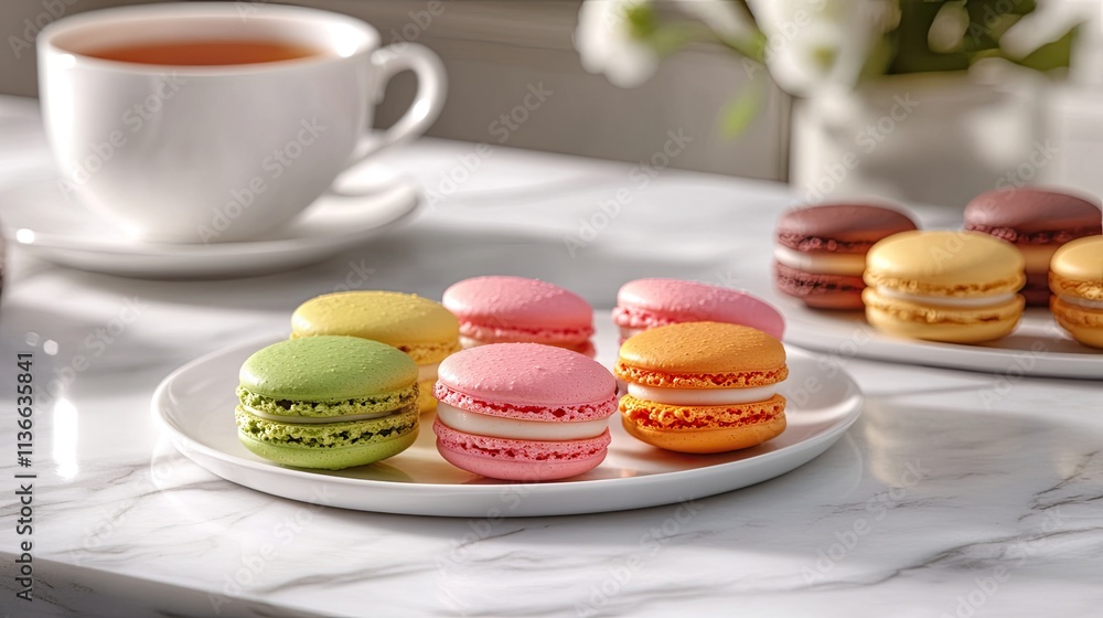 Colorful macarons on a plate with tea. Colorful macarons on a plate with tea.