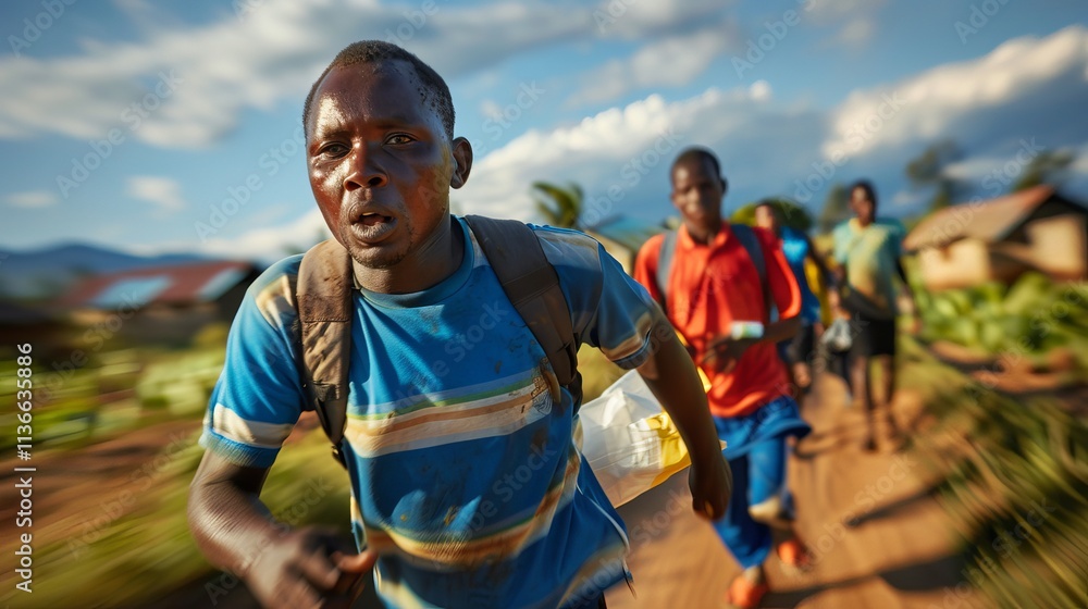 Naklejka premium A determined Black male athlete running with focus, surrounded by fellow runners on a rural path under a bright blue sky. disaster management, emergency response
