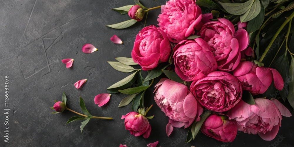 A Delicate Arrangement of Pink Peonies on a Dark Background, with Delicate Petals Scattered Around A Delicate Arrangement of Pink Peonies on a Dark Background, with Delicate Petals Scattered Around