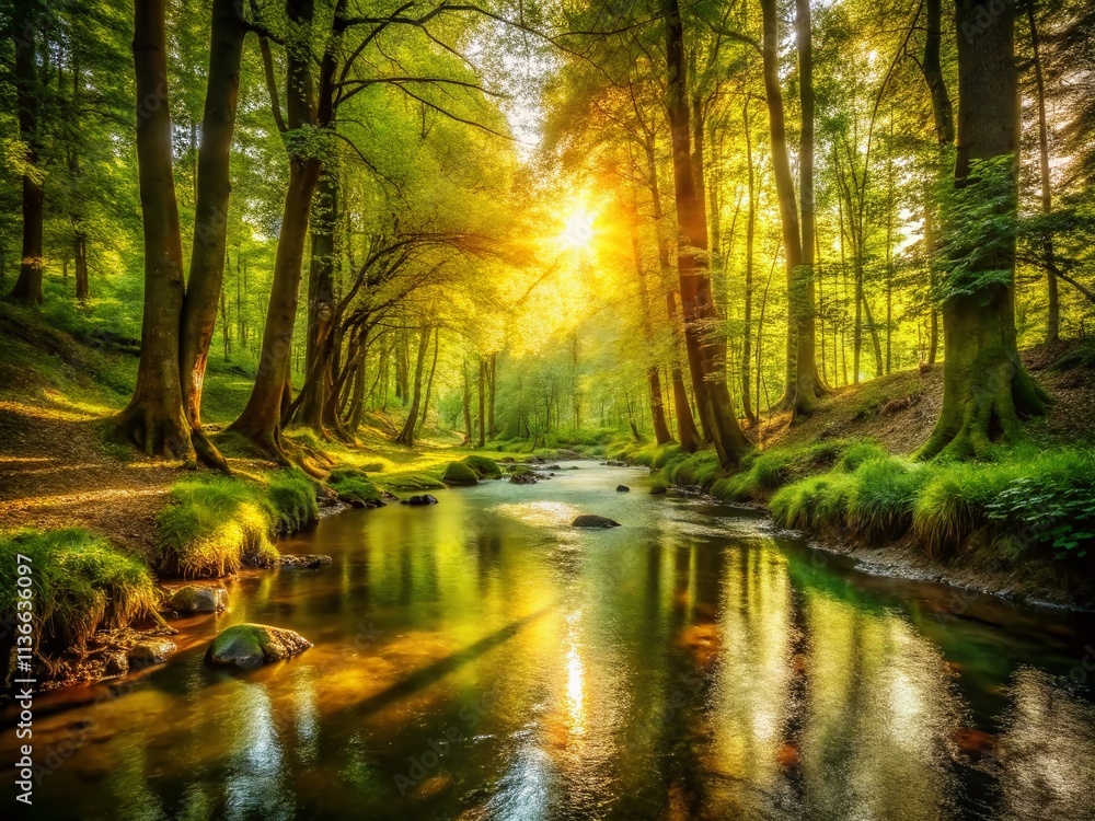 Obraz premium Sunlit Forest Stream: Vintage Photography, Nature, Water, Sunlight, Woodland, Retro, Golden Hour, Forest River, Scenic, Peaceful, Vintage Landscape