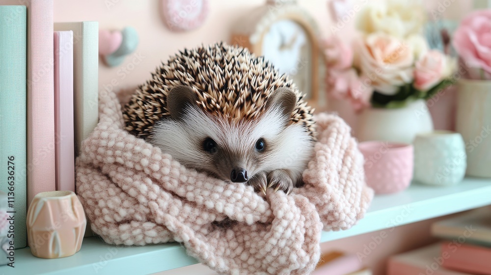 Hedgehog curled up in textured blanket on pastel shelf with books Hedgehog curled up in textured blanket on pastel shelf with books
