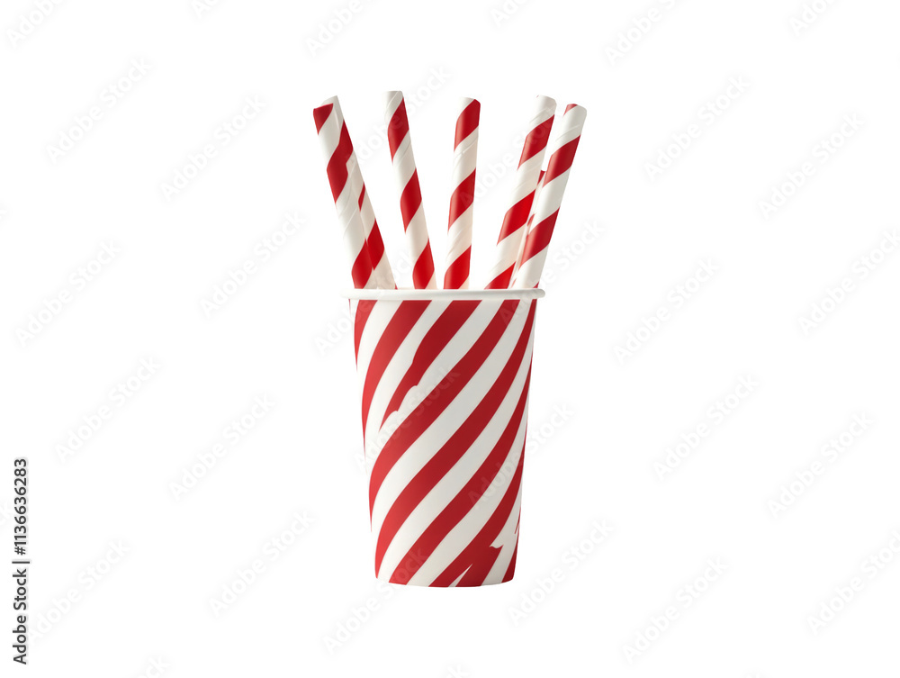 Obraz premium Red and White Striped Cup with Straws on Transparent Background