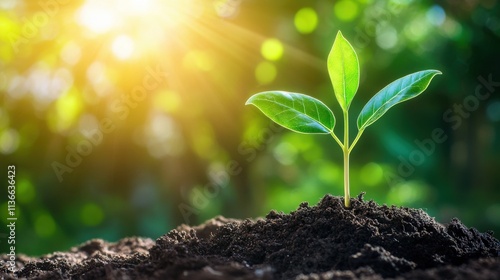 Fresh Green Plant Sprouting from Dark Soil Under Bright Sunlight