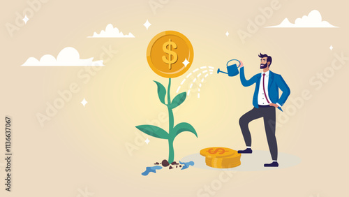 Saving growth, growing investment or earning profit, mutual fund, wealth accumulation or compound interest, pension fund prosperity concept, businessman watering growing coin stack seedling growth.