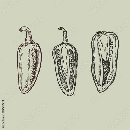 Chili Peppers Set. Hand drawn sketch style. Vintage vector illustration. Isolated monochrome background. Great for packaging design.
