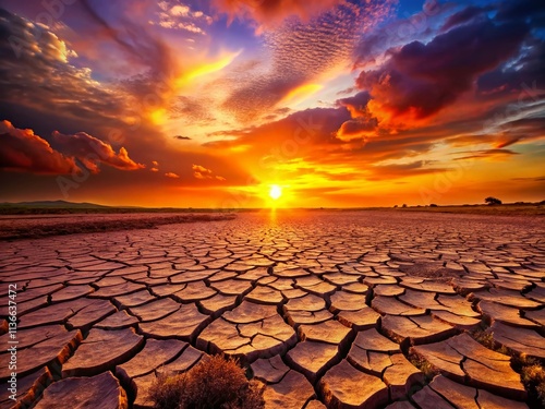 Sunset Silhouette: Dry Cracked Earth, Water Crisis, Climate Change 3D Animation