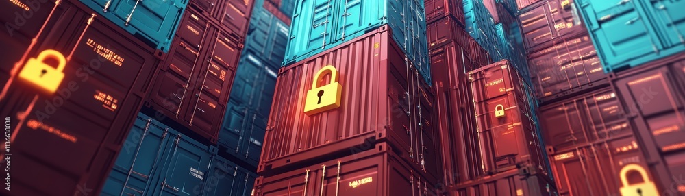 Obraz premium Colorful storage containers stacked together, showcasing modern logistics and security.