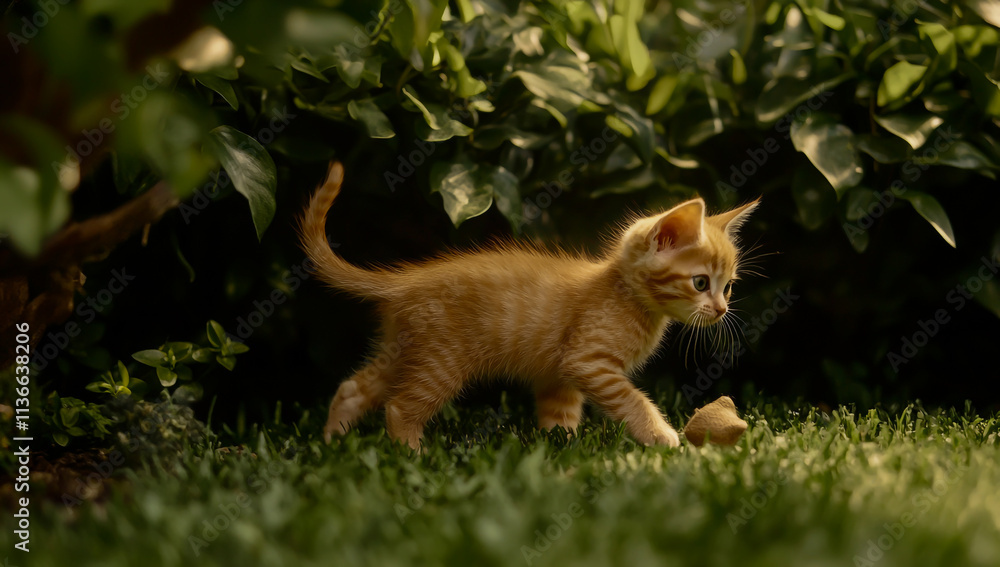 Naklejka premium A small orange kitten trots across the green grass, playfully exploring in front of a row of bushes.