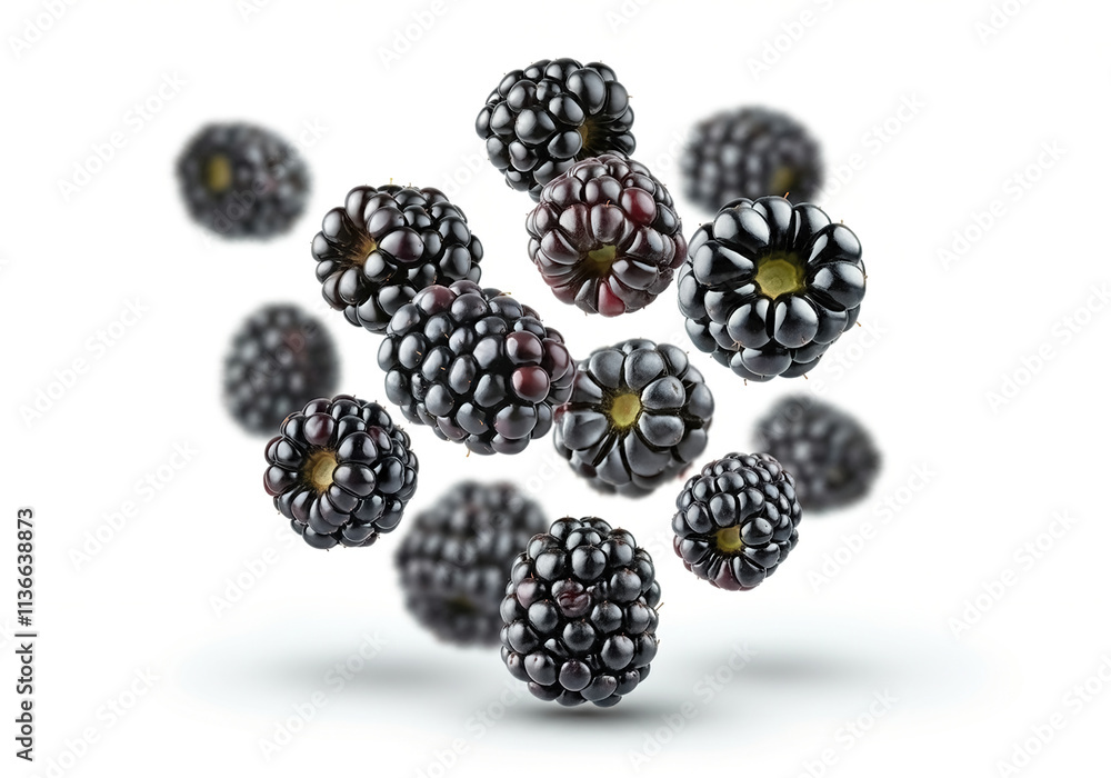 Falling black berries isolated on a white background, selective focus Falling black berries isolated on a white background, selective focus