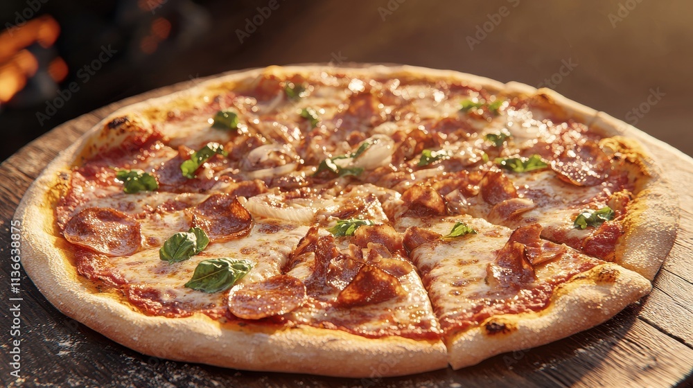 Delicious italian pizza with toppings outdoor wood-fired oven food rustic atmosphere close-up shot culinary delight Delicious italian pizza with toppings outdoor wood-fired oven food rustic atmosphere close-up shot culinary delight