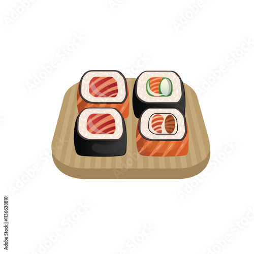 Traditional asian food. Serving sushi set on wooden board. Collection seafood icons, japanese cuisine. Rolls with rice, fish, salmon, avocado and seaweed. Vector illustration.
