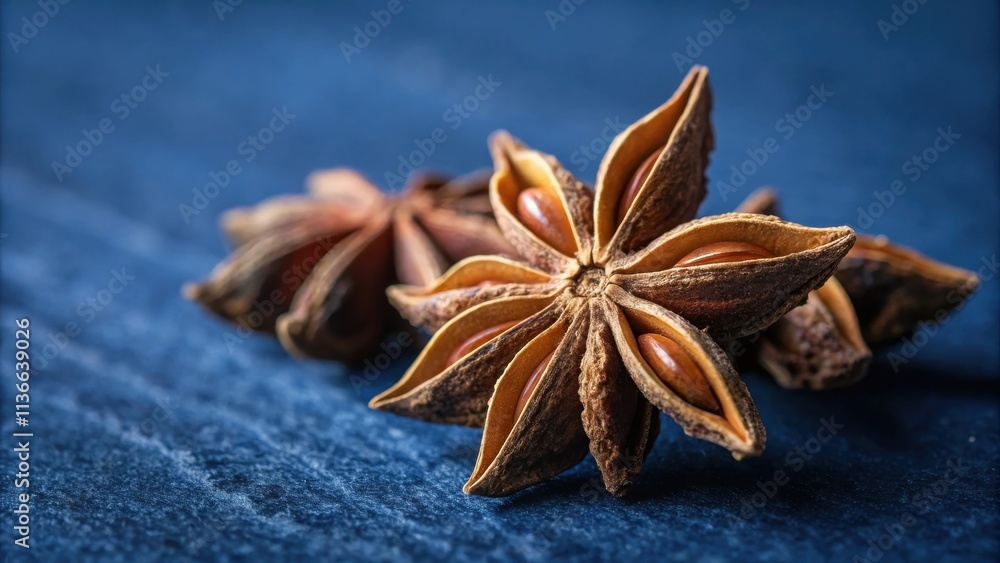 Star anise pods on a dark blue background with natural lighting, showcasing the intricate details of the spice. Star anise pods on a dark blue background with natural lighting, showcasing the intricate details of the spice.