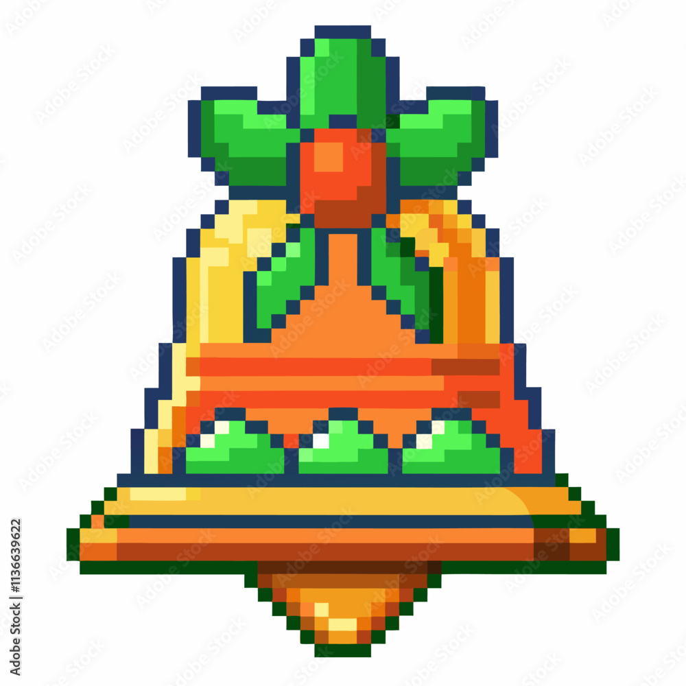 Fototapeta premium Retro Christmas Bell Pixel Art with Festive Greenery and Berries