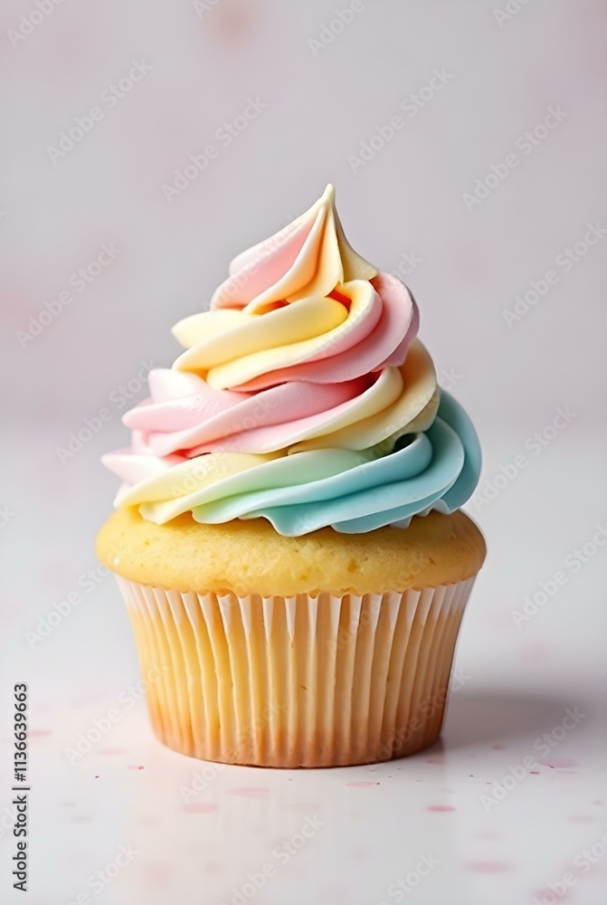 A single cupcake with a colorful swirl of pink, yellow, and green frosting sits on a light green background. The cupcake has a light yellow paper liner and appears to be freshly baked A single cupcake with a colorful swirl of pink, yellow, and green frosting sits on a light green background. The cupcake has a light yellow paper liner and appears to be freshly baked