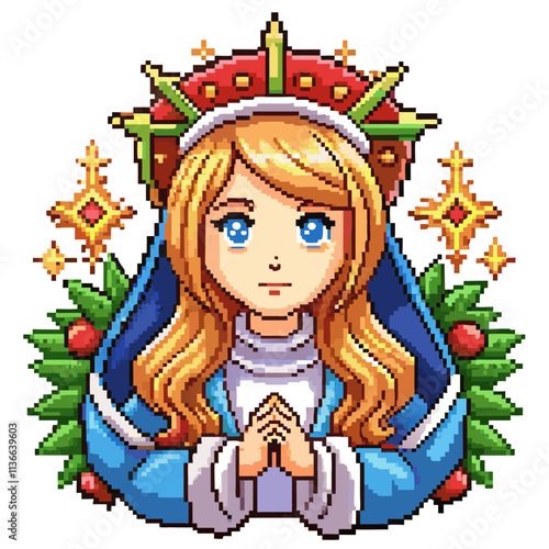 Pixel Art Praying Woman with Halo and Floral Background