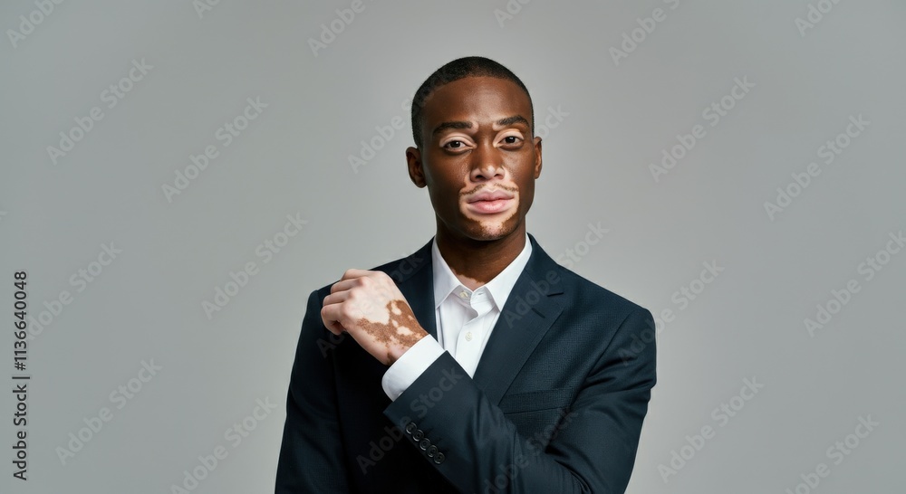 Confident young african male with vitiligo posing in formal suit for awareness campaign Confident young african male with vitiligo posing in formal suit for awareness campaign