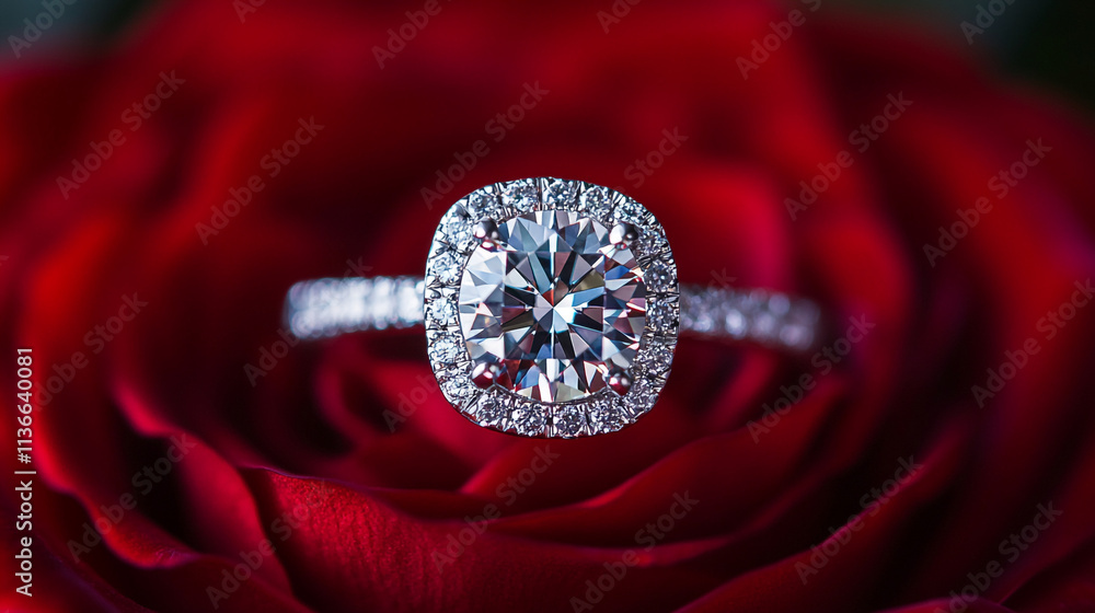 Elegant diamond ring placed on red rose showcasing love and beauty in floral arrangement Elegant diamond ring placed on red rose showcasing love and beauty in floral arrangement