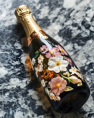 Champagne bottle adorned with florals, blending party themes with spring aesthetics photo