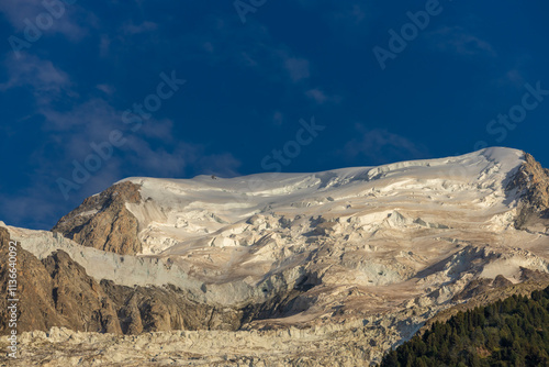 Alps scenic landscape on Tour du Montblanc. Rocky and snow summit peaks of the Alps on the trekking route TMB around Mont Blanc in Chamonix and Courmayeur. Alpine scene with mountains and lakes  photo