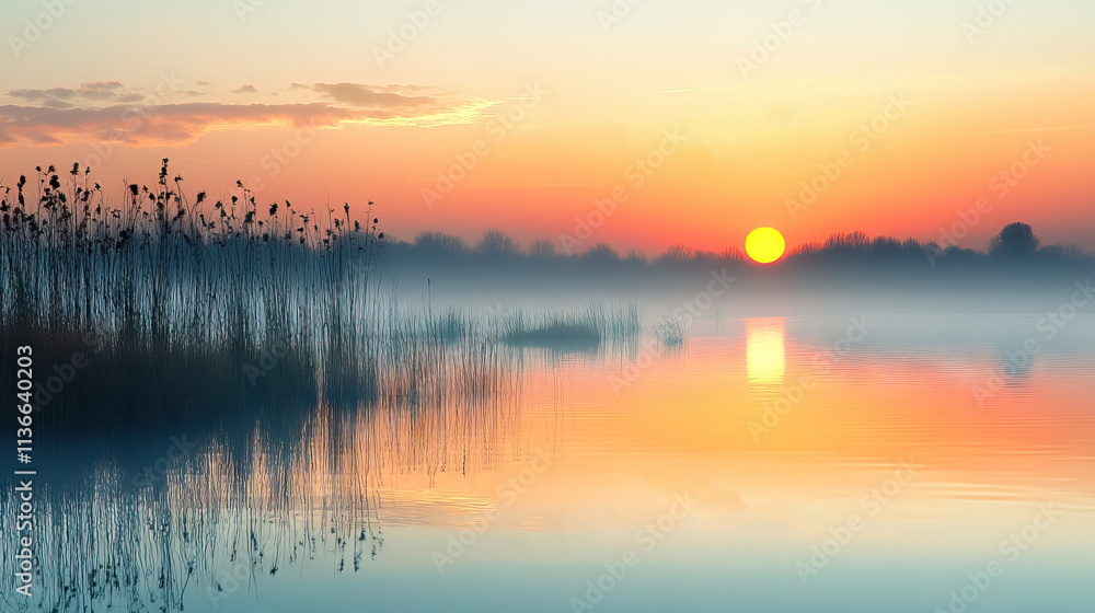 Obraz premium World Wetlands Day banner with breathtaking sunrise over a tranquil marshland, with vibrant orange and blue hues reflecting in the water, capturing the serene beauty of nature.