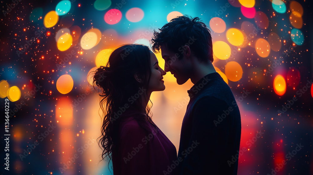 Couple sharing a romantic moment in soft evening light with colorful bokeh background Couple sharing a romantic moment in soft evening light with colorful bokeh background