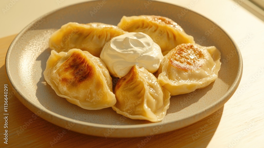 Delicious flat lay of russian pelmeni dumplings with sour cream home kitchen food bright natural light culinary art Delicious flat lay of russian pelmeni dumplings with sour cream home kitchen food bright natural light culinary art