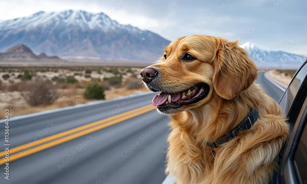 A golden retriever smiles beside a scenic mountain road. A golden retriever smiles beside a scenic mountain road.