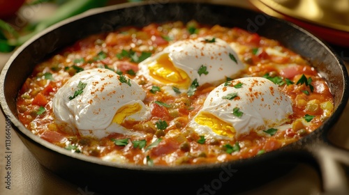 Vibrant tunisian shakshuka with poached eggs flat lay presentation kitchen setting culinary art