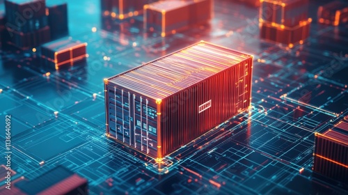 Futuristic cargo container on digital circuit board, representing logistics and AI.
