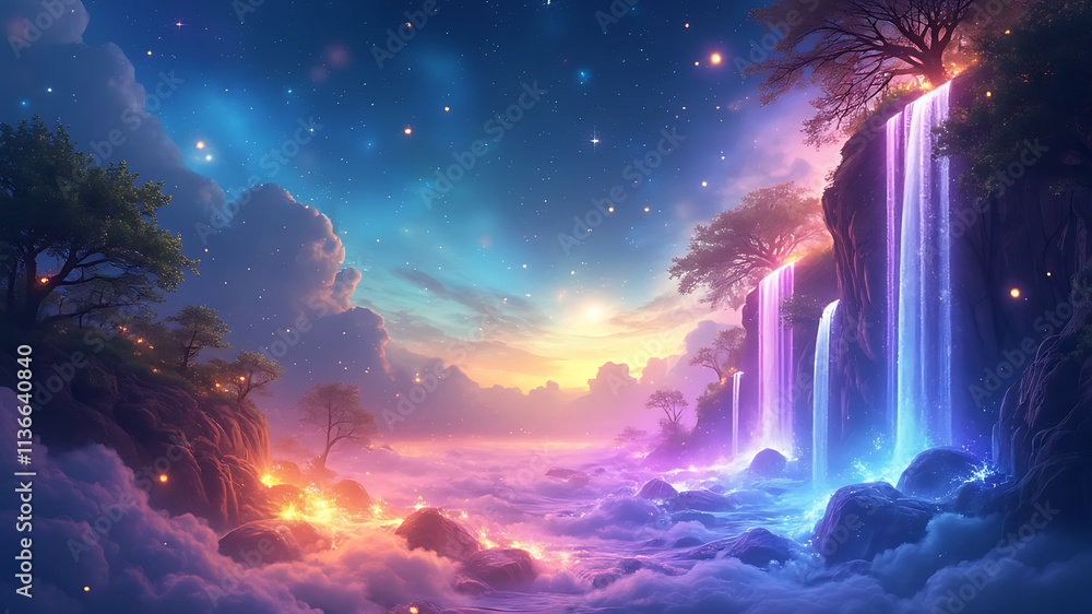 Obraz premium Magical night sky, glittering blue background, colorful bokeh lights