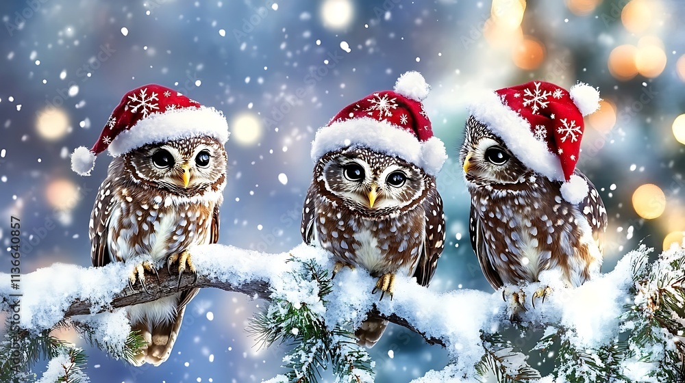 Playful owls in festive hats perched on snowy branches with Christmas trees glowing nearby Playful owls in festive hats perched on snowy branches with Christmas trees glowing nearby