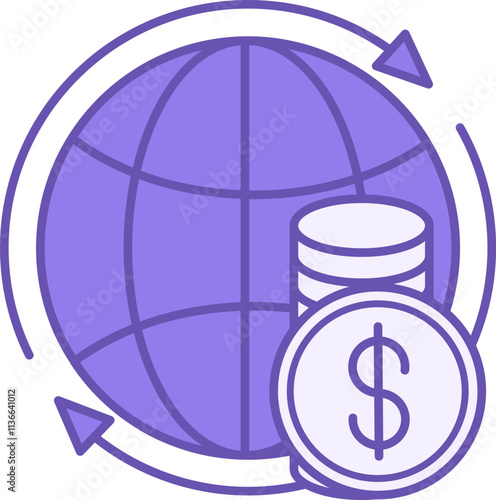 Colored Icon Economy. Vector Illustration. Globe and Dollar Coins. Society Sector Concept