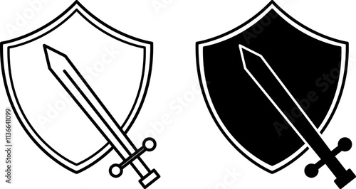 Defense Icons. Black and White Vector Illustration. Shield and Sword. Society Sector Concept