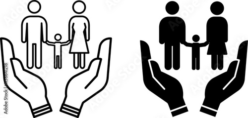 Social Services Icons. Black and White Vector Illustrations. Hands and Family. Mom, Dad, and Child. Helping People. Society Sector Concept