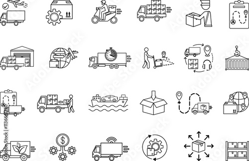 Logistics Icon Set. Vector Icon Delivery, Customs Clearance, Inventory, Loading, Distribution, Packaging, Warehouse, Import, Export, Transportation, Planning, Cargo and Others