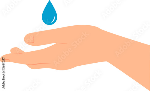 Drop of water falling onto outstretched hand. Vector illustration with transparent background.